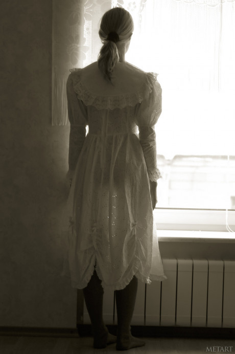 Pantyless babe shows her puffy nipples and snatch while posing by the window - #1276048