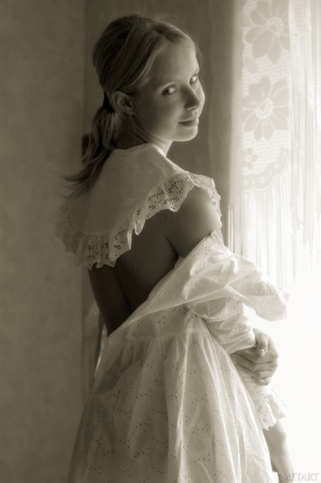 Pantyless babe shows her puffy nipples and snatch while posing by the window - #1276051