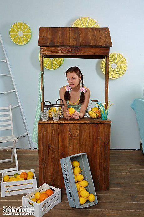 Young teen red hair Kim strips nude at her lemonade stand to drum up business - Image 1 of 20  in Pussy category   featuring Kim 