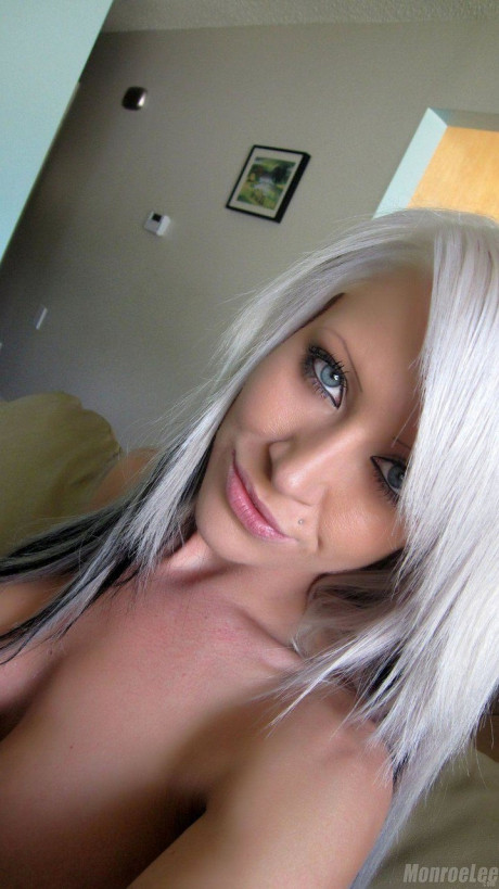 White haired skank Monroe Lee takes a selfie of her massive tits and undressed pussy - #15715