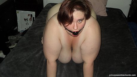 Chunky submissive older LaLa Delilah squeezes her massive titties while cuffed