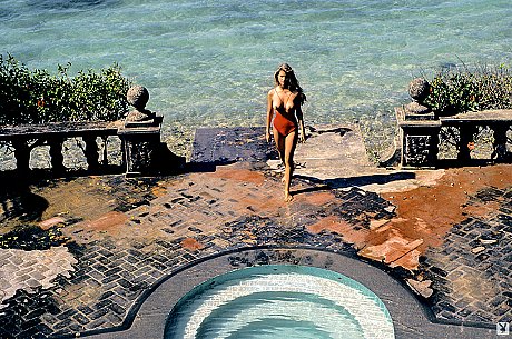 Vintage centerfold Terri Welles baring her gigantic boobs and furry snatch outdoors