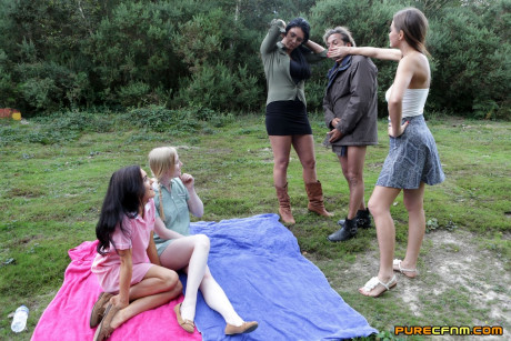 Clothed pornstar Tina Kay & her friends give a handjob to a dirty fiance bf lover outdoors - #649684