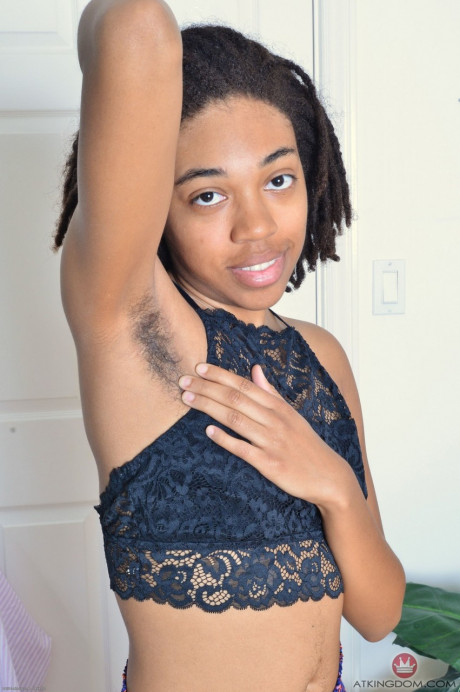 Charming amateur black Olivia Green shows her furry armpits and hairy crotch - #51107