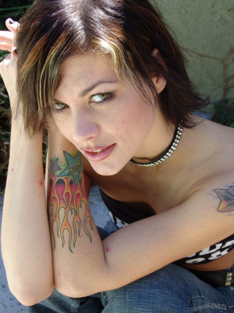 Slim alluring brunette babe with small pierced boobies posing naked by the pool - #1332326