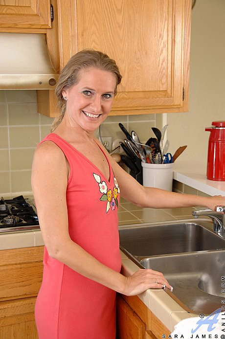Playful housewife Sara James tries out her new vibrator in the cuisine - Image 1 of 20  in Pussy category   featuring Sara James 