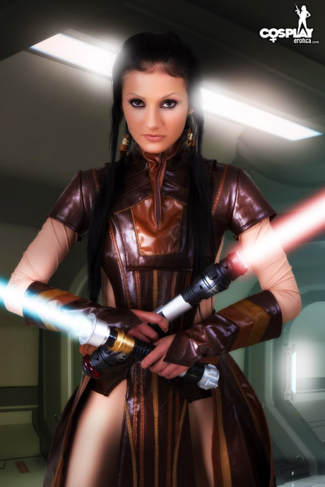 Hot slut girl chick wields a lightsaber before masturbating in cosplay clothing - #873952