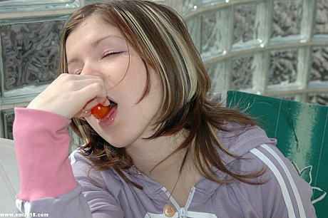 Barely legal chick girlfriend lady sucks on cherry tomatoes while showing her upskirt undies - Image 2 of 15  in Close Up category   featuring Emily 18 