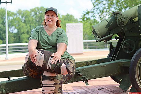 Obese amateur Goddess Pear models for a SFW shoot on an artillery gun in camo - Image 2 of 12  in Outdoor category   featuring Goddess Pear 