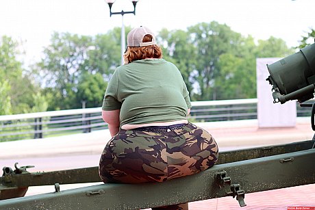 Obese amateur Goddess Pear models for a SFW shoot on an artillery gun in camo - Image 4 of 12  in Outdoor category   featuring Goddess Pear 