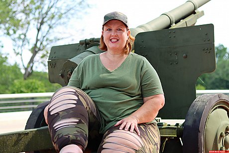 Obese amateur Goddess Pear models for a SFW shoot on an artillery gun in camo - Image 11 of 12  in Outdoor category   featuring Goddess Pear 