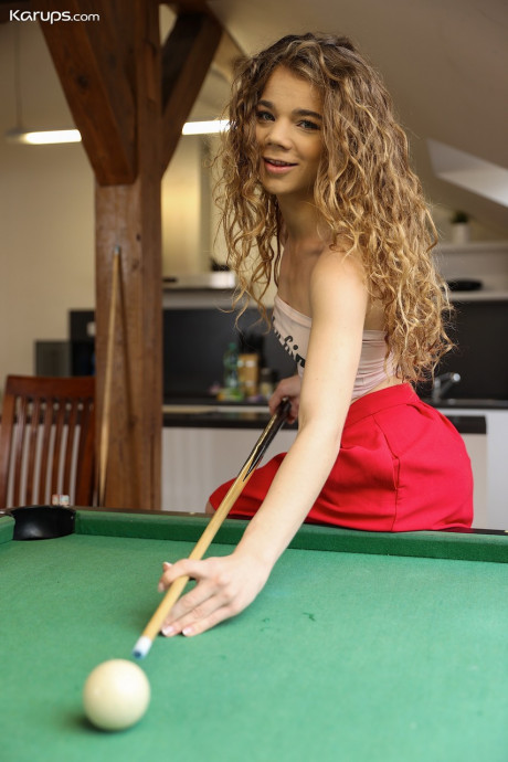 Curly haired teenie Sabrina Spice gets banged on a rocker by the billiard table - #1043714
