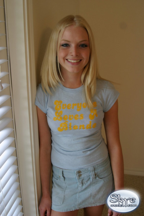 Yellow-haired amateur Skye Model models by herself in a short skirt - #650842