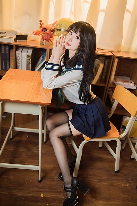 Hot Japanese student poses naked in nylons while in a classroom - Image 10 of 10  in Pussy category  