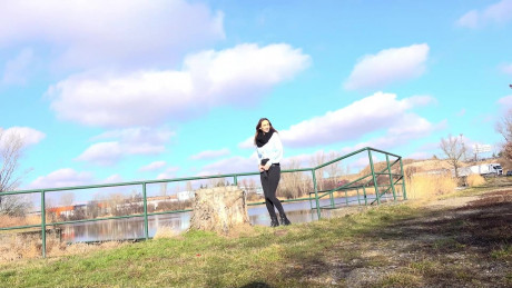 Cynthia Vellons squats on a tree stump to piss - #307340