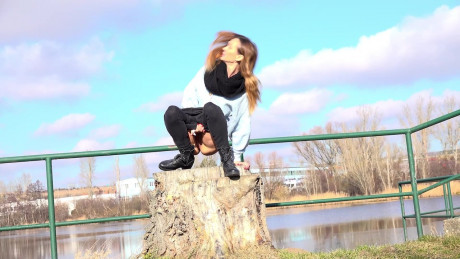 Cynthia Vellons squats on a tree stump to piss - #307342