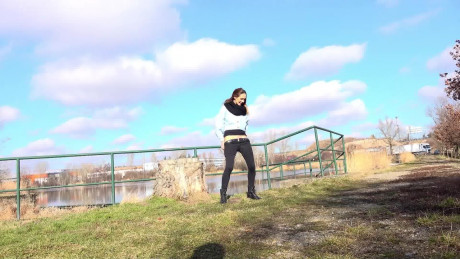 Cynthia Vellons squats on a tree stump to piss - #307351