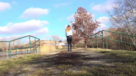 Cynthia Vellons squats on a tree stump to piss - #307352