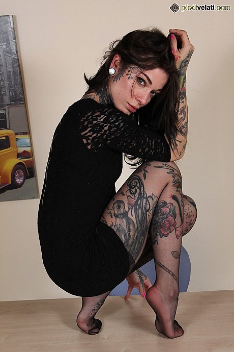 Hot tattooed secretary doffs her glasses & models attractive legs in black pantyhose - Image 11 of 12  in Pantyhose category   featuring Sarah Refen 