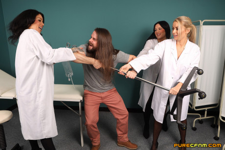 British women in lab coats subdue a patient with a bout of CFNM sex - #1246866