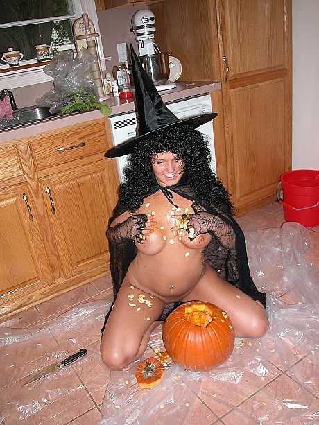Wild amateur in a witch costume Belle gets messy with a pumpkin - Image 13 of 20  in Spreading category   featuring Belle 