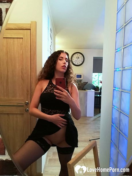 Curvaceous brunette strips and poses in her nylon leggings in the mirror - Image 15 of 21  in Amateur category  