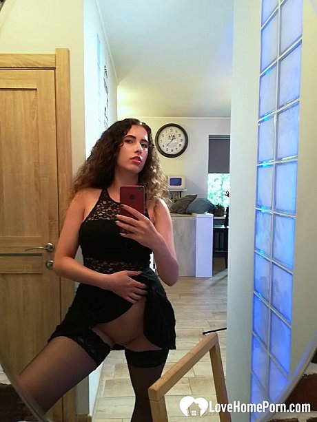 Curvaceous brunette strips and poses in her nylon leggings in the mirror - Image 21 of 21  in Amateur category  