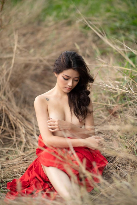 Breathtaking oriental model posing in an elegant dress and topless in a solo - #725890