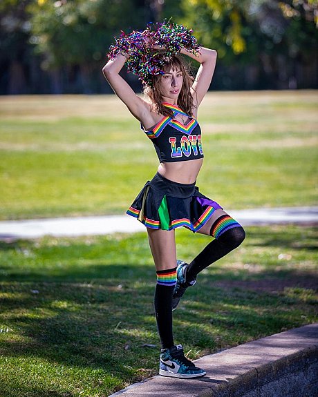 Skinny cheerleader flashes her large ass while dancing in public - Image 8 of 9  in Outdoor category  