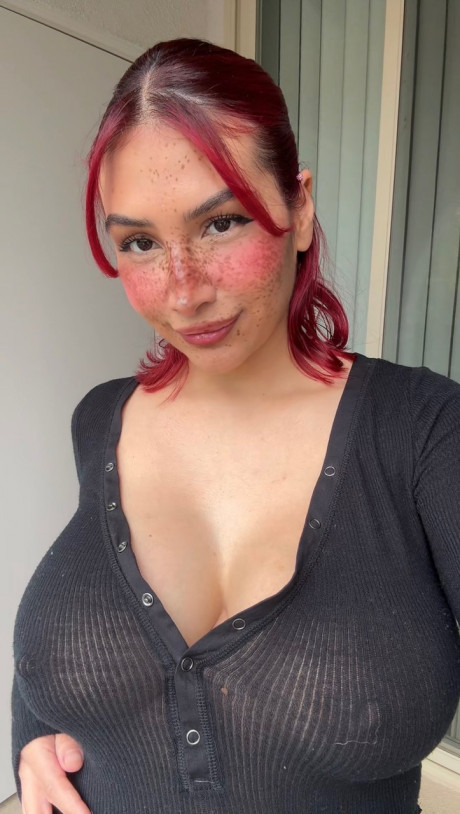 Redheaded honey Angel reveals her big tits and large nips up close - #1115489