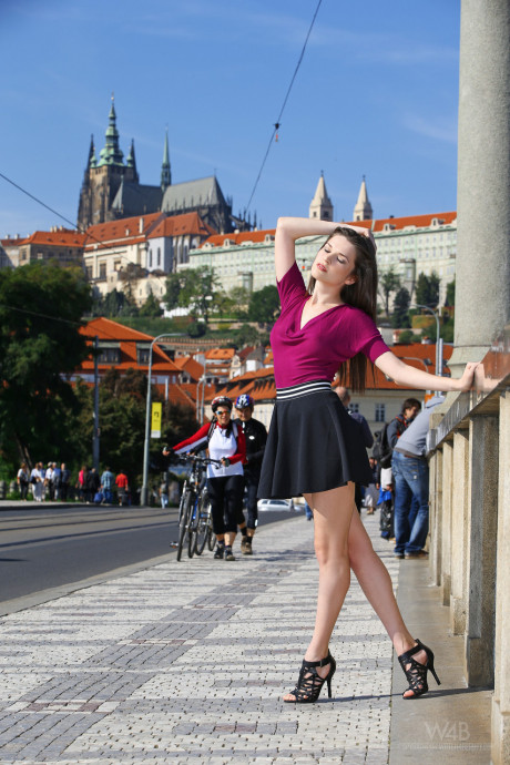 Ravishing European babe Serena poses on a park bench in a lovely short skirt - #248518