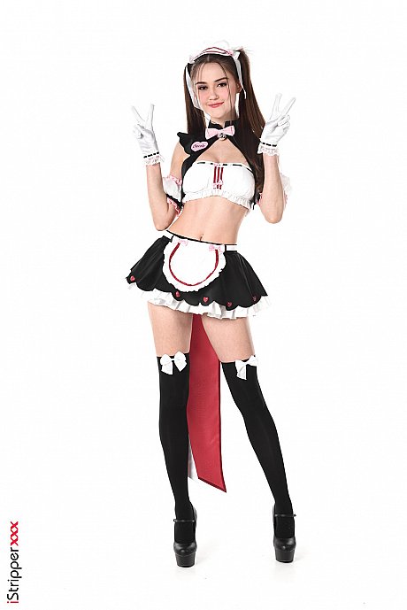 Cute skank girl lady Sonya Blaze models nasty maid apparel before dildoing her twat