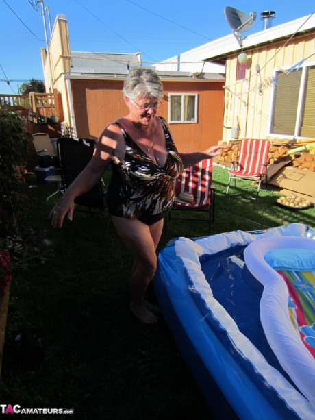 Fatty older granny Girdle Goddess peels to enjoy wading pool thin dip - #1264468