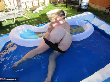 Fatty older granny Girdle Goddess peels to enjoy wading pool thin dip - #1264474