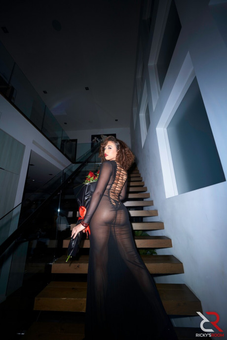 Brunette Willow Ryder poses in her sheer dress among a bunch of ebony guys - #1323202