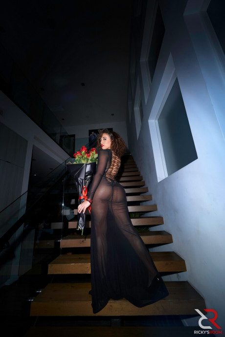 Brunette Willow Ryder poses in her sheer dress among a bunch of ebony guys - #1323203