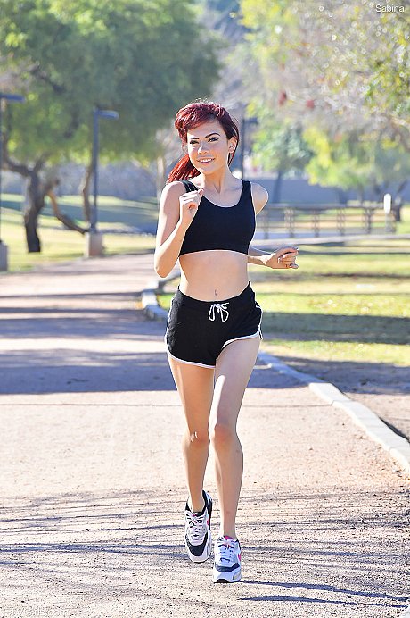 Frisky red hair teenie Sabina strips in public and does yoga behind naked - Image 2 of 20  in Model category   featuring Sabina Rouge 