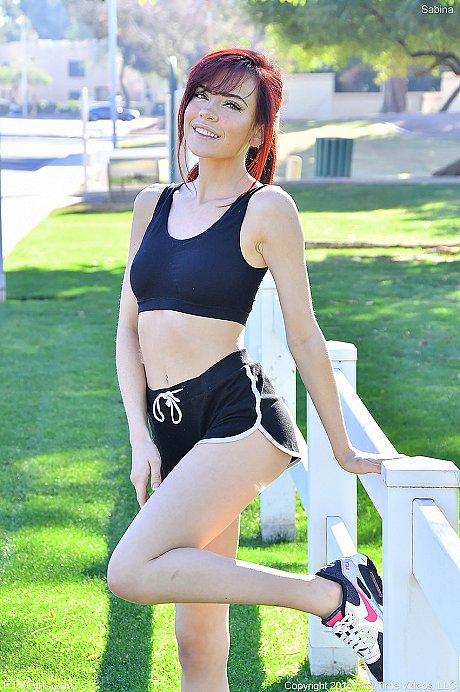 Frisky red hair teenie Sabina strips in public and does yoga behind naked - Image 3 of 20  in Model category   featuring Sabina Rouge 