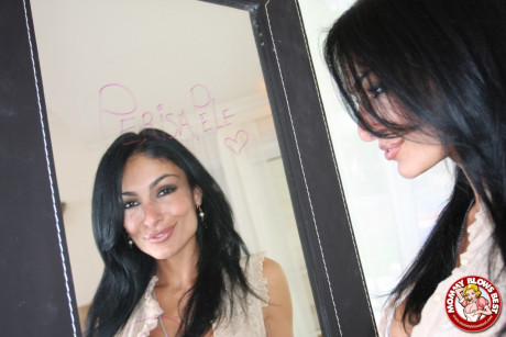 Busty Iranian girl broad Persia Pele fixes her lips before sucking dong - #1320260