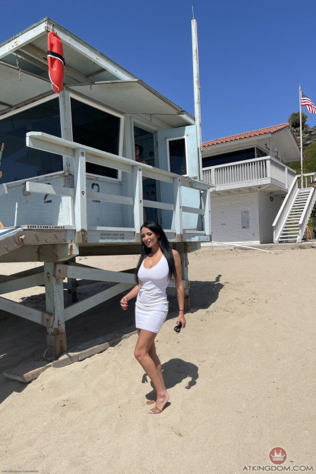 Hot brunette Anissa Kate spreads her trimmed pussy up close outdoors - #1354713