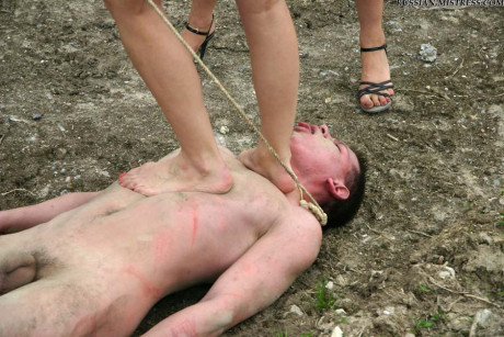 Cruel women trample and piss a submissive man boyfriend dude during outdoor CFNM play - #581910