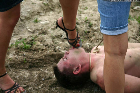 Cruel women trample and piss a submissive man boyfriend dude during outdoor CFNM play - #581911