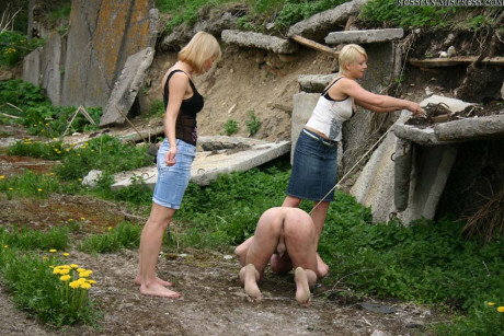 Cruel women trample and piss a submissive man boyfriend dude during outdoor CFNM play - #581920