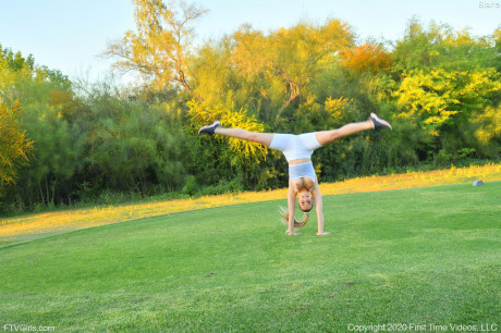 Glamour babe Blake flashing her nice tits while teasing in yoga pants outside - #1159197