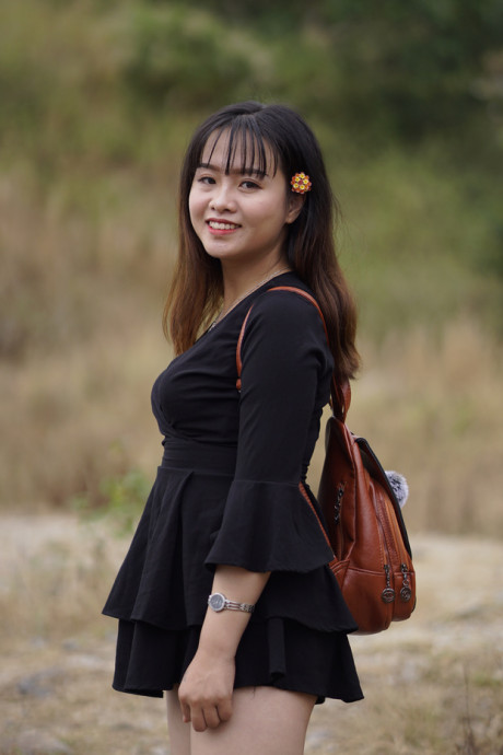 Pretty asian babe posing in her black dress and boots in nature - #1100114