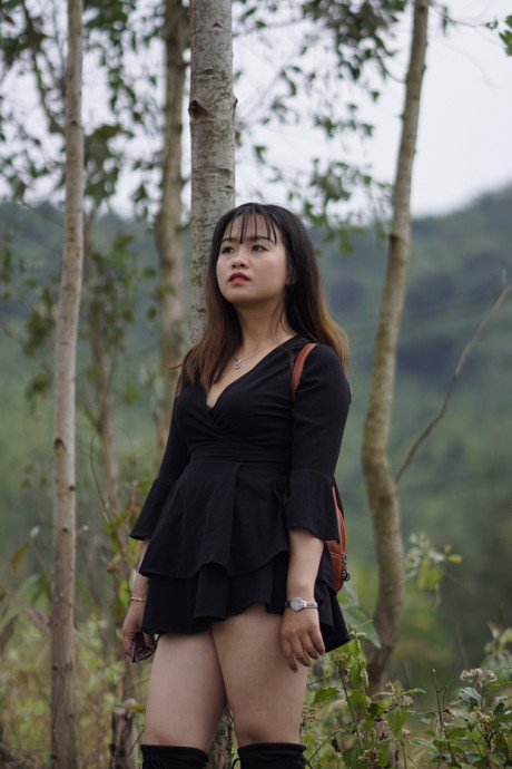 Pretty asian babe posing in her black dress and boots in nature - #1100121