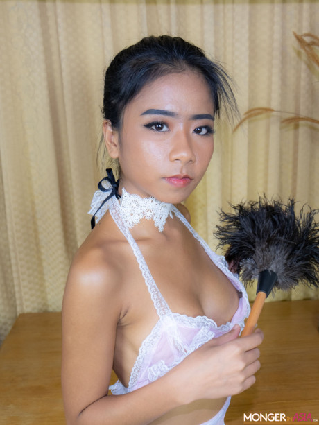 Little chinese maid Som shows her melons & holes while cleaning the furniture