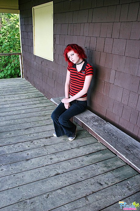 Cute redheaded bitch GF lady teenie Satine uncovers her small boobies on a rustic porch - Image 1 of 12  in Teen category   featuring Teen Satine 