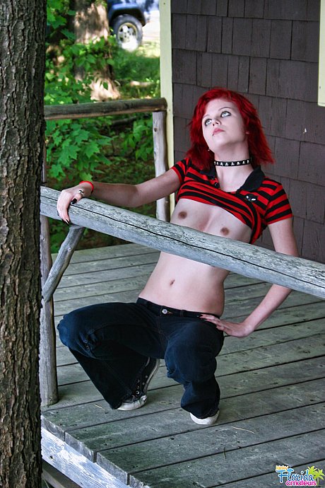 Cute redheaded bitch GF lady teenie Satine uncovers her small boobies on a rustic porch - Image 11 of 12  in Teen category   featuring Teen Satine 