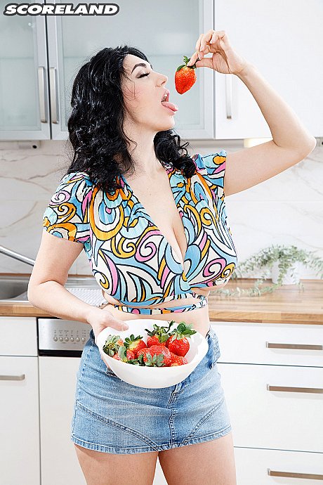 Brunette slut chick Alexya frees her humongous titties while eating strawberries - Image 3 of 16  in Ass category   featuring Alexya 